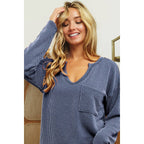 WAVY TWO TONE RIB NOTCH NECK PATCH POCKET TOP