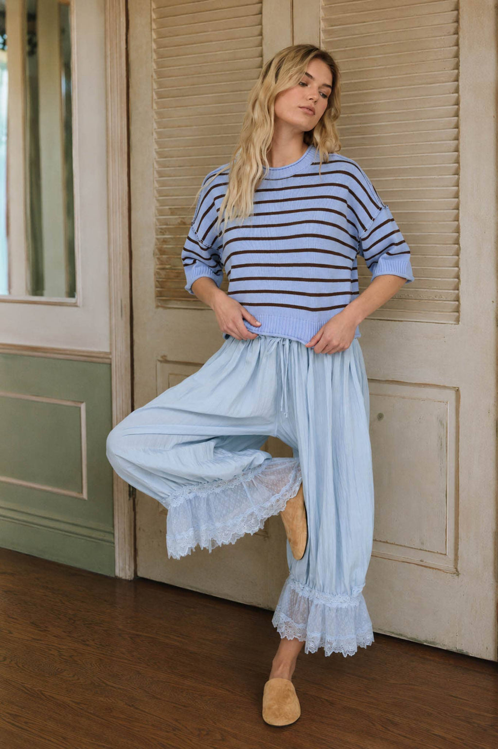 STRIPE RAW EDGE DROP SHOULDER SHORT SLEEVE SWEATER