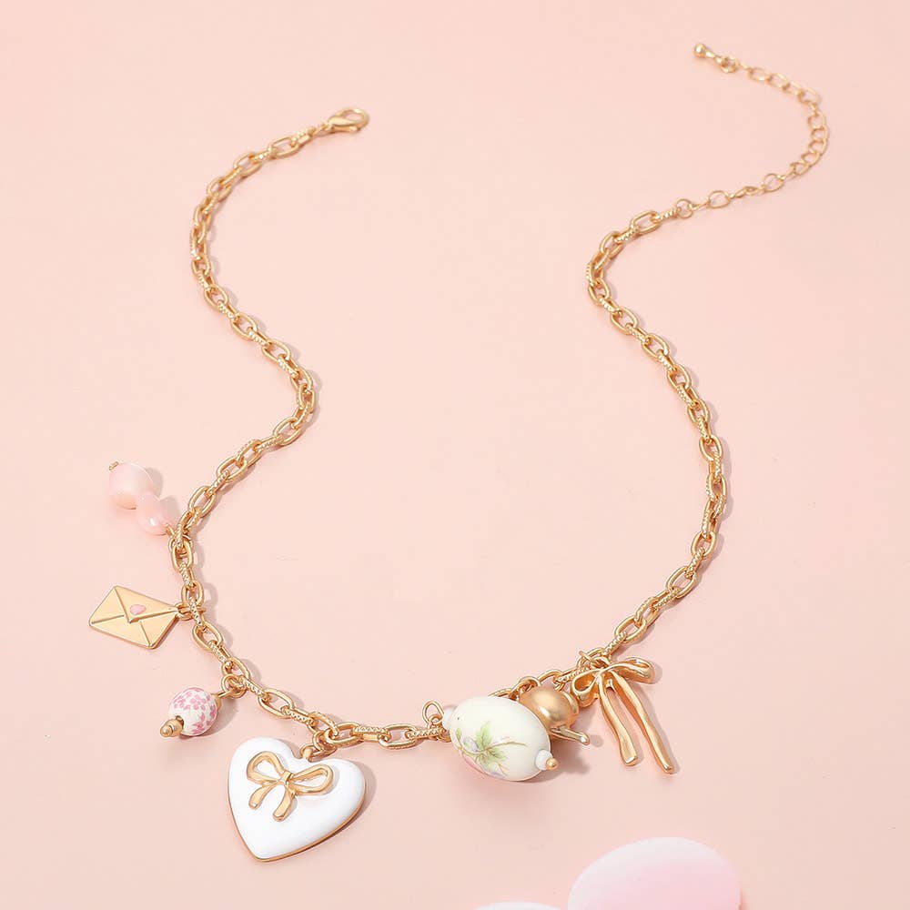 Bow Heart Tea Party Charm Station Necklace