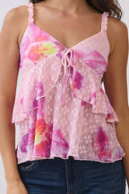 LC57254P - PRINT RUFFLE FRONT BOW TIE FRILL CAMI TOP