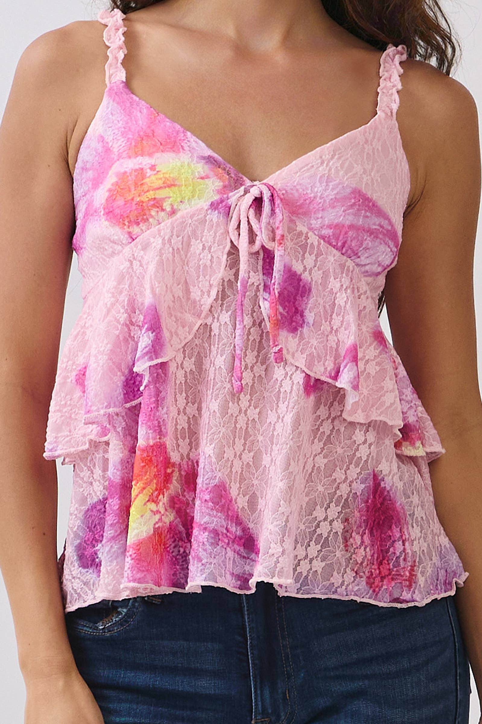 LC57254P - PRINT RUFFLE FRONT BOW TIE FRILL CAMI TOP