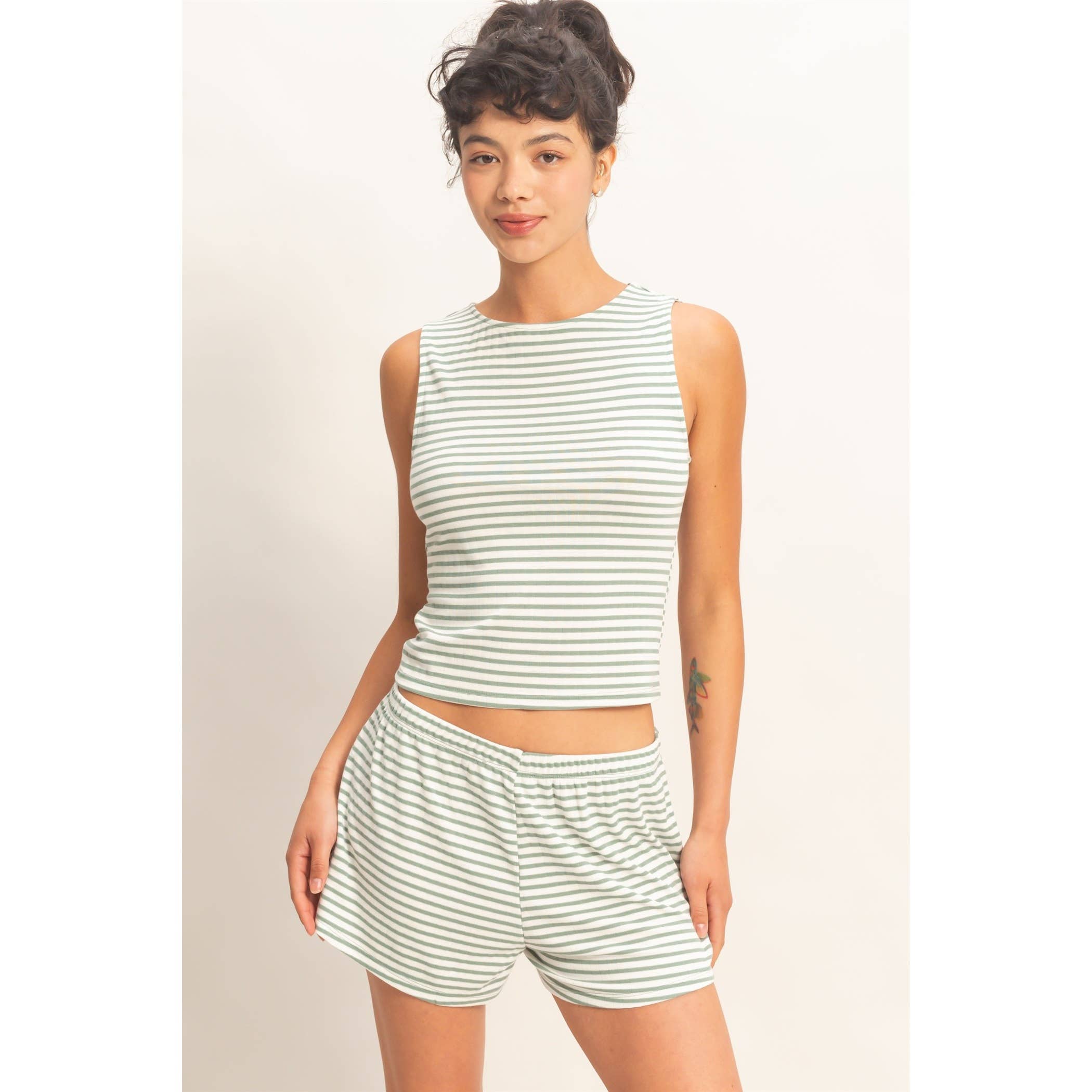 Striped Sleeveless Tank And Shorts Set