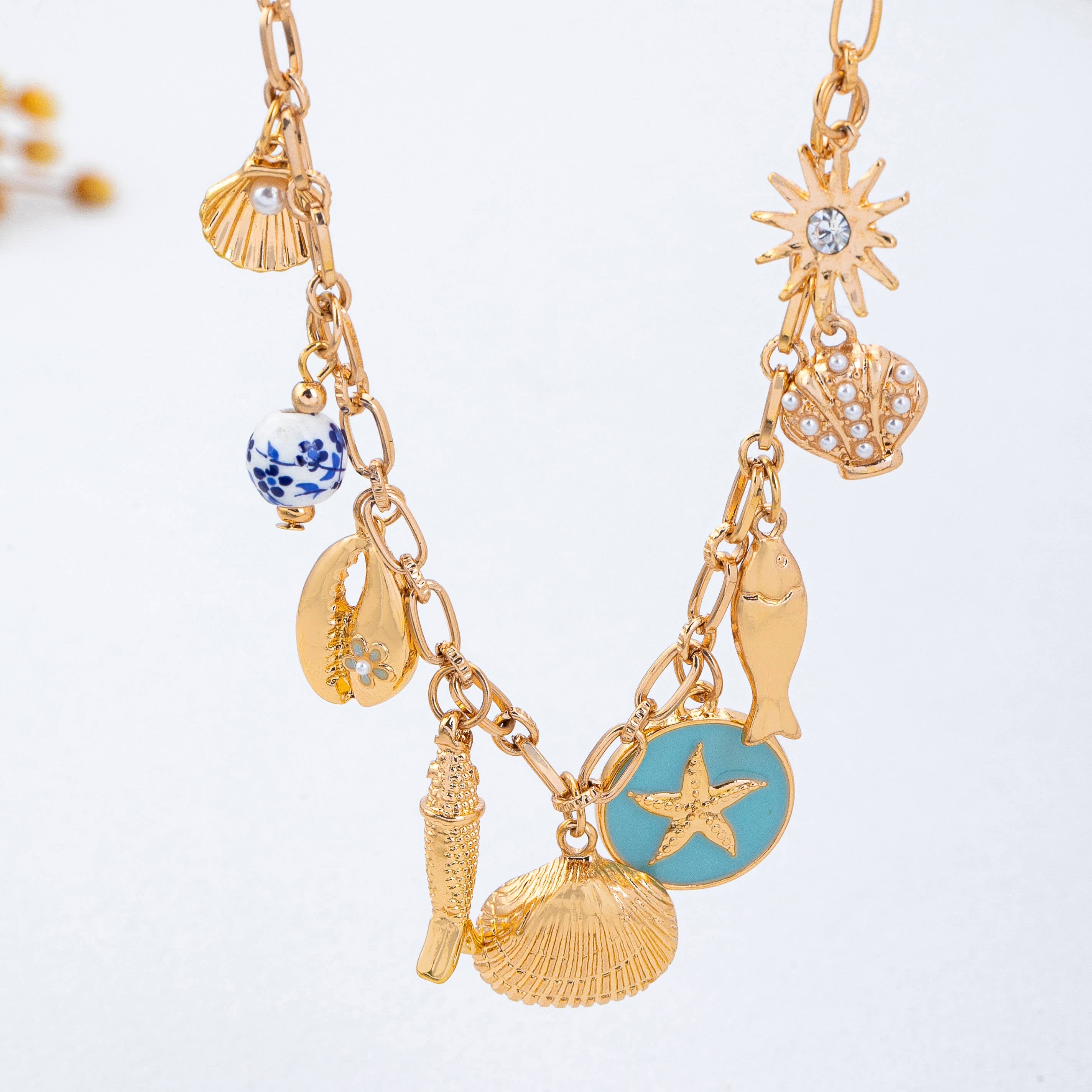 Charm Necklace-Coastal seashells fish cloisonne | 80N92963