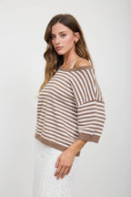 STRIPE CONTRAST TRIM SHORT SLEEVE KNIT SWEATER