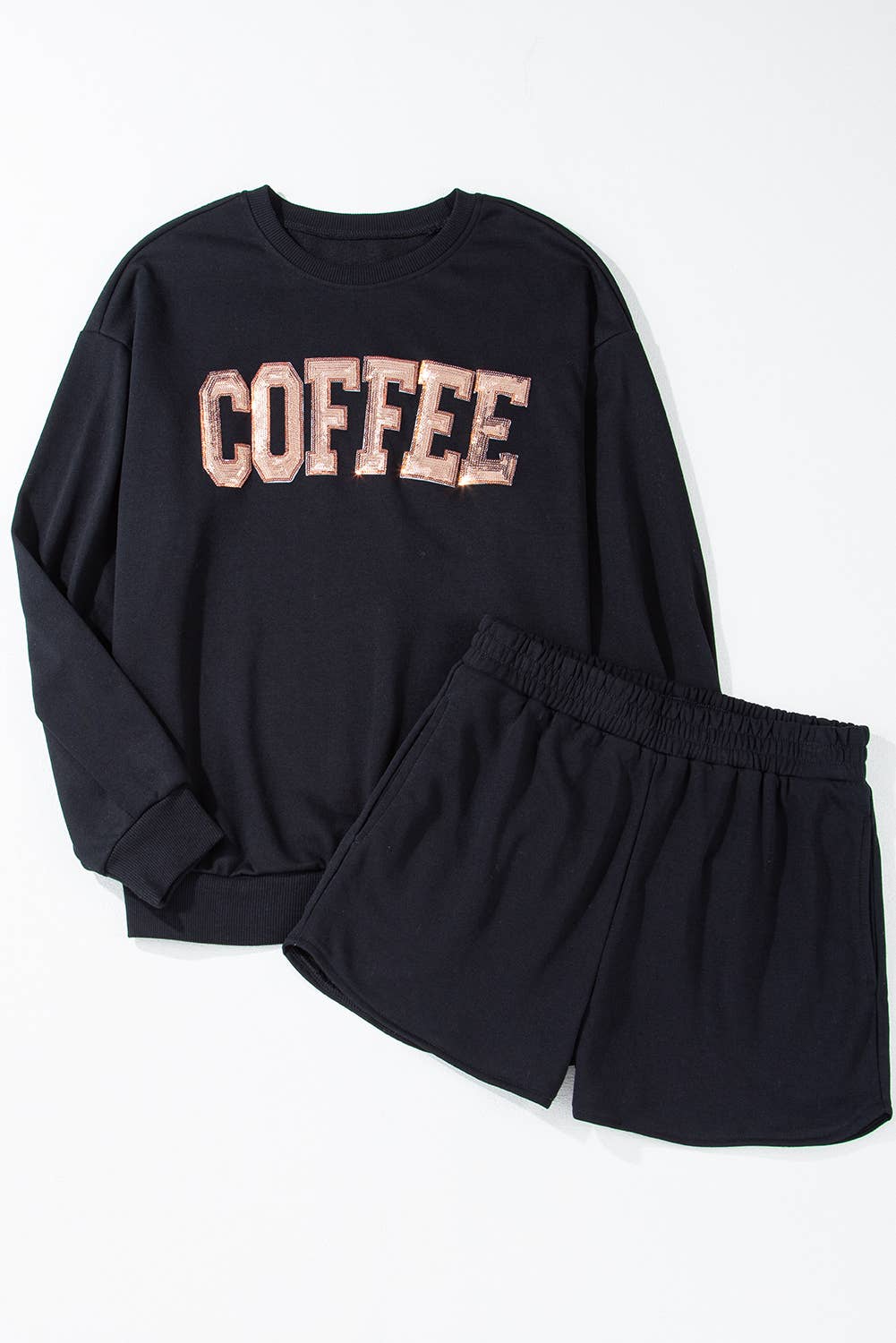 Coffee Sequin Sweatshirt + Shorts Set