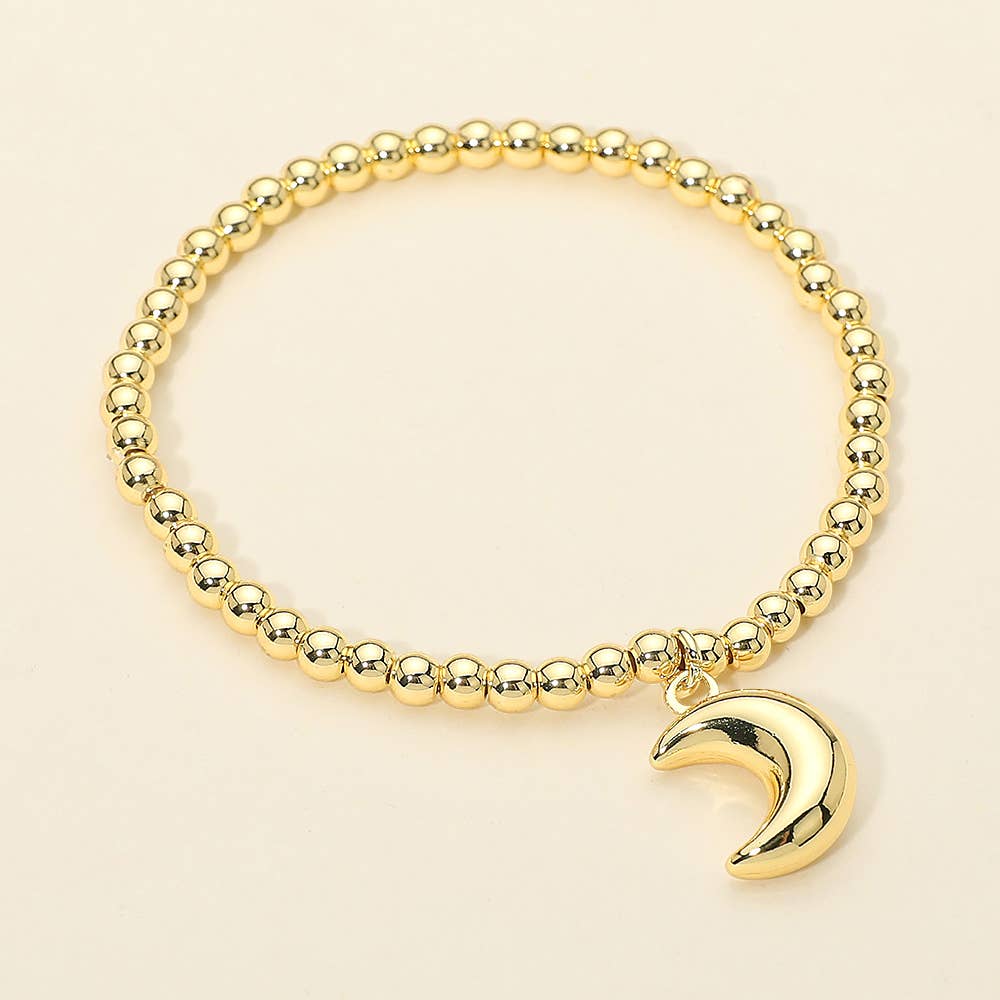 Stainless Steel Crescent Moon Charm Beaded Stretch Bracelet