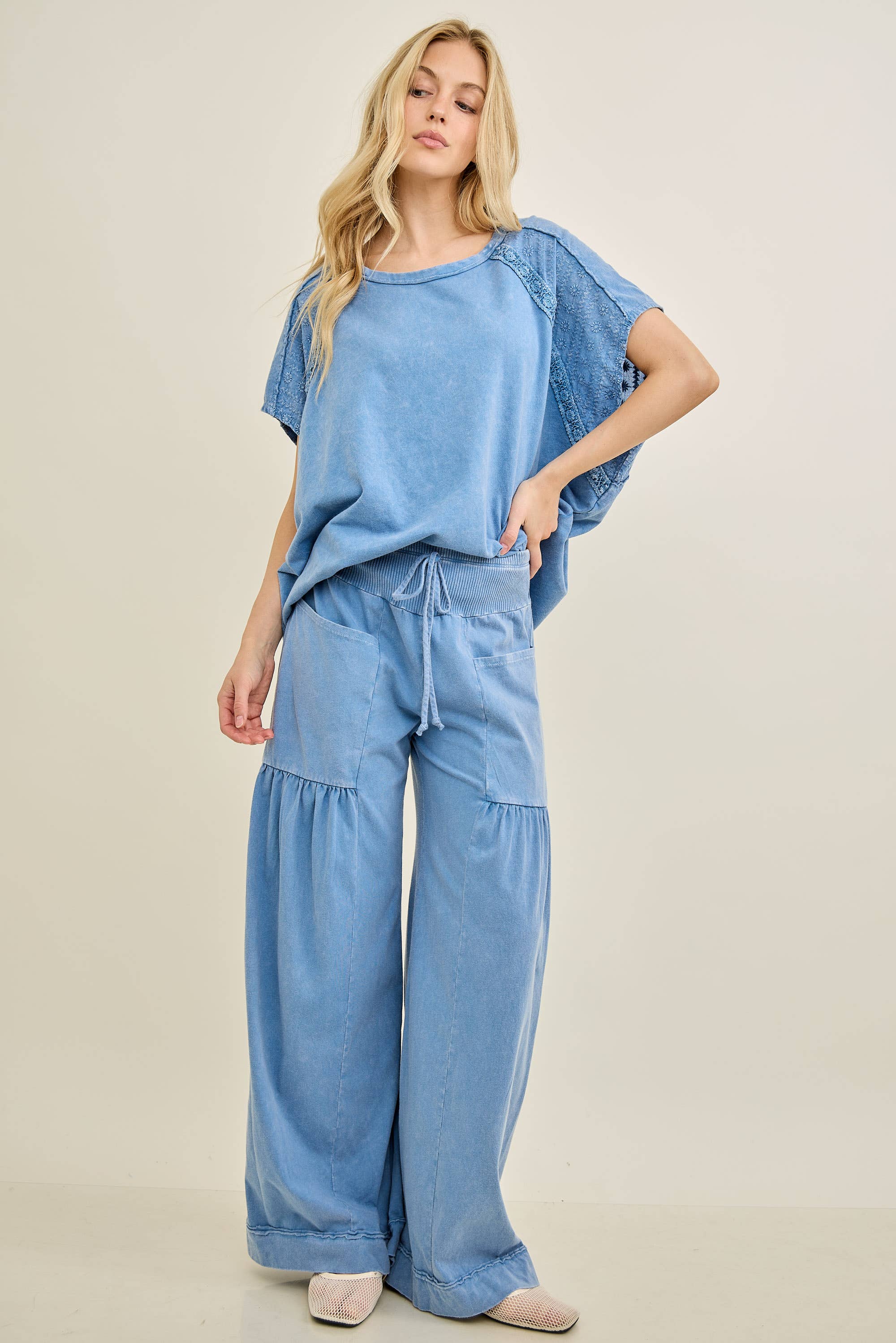 Mineral Washed Boho waist band wideleg cropped pants HP5900