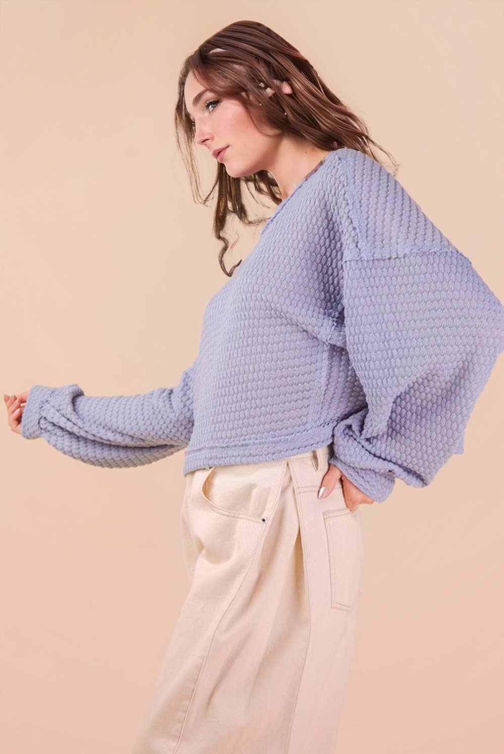NT11982-Oversized Waffle Solid Knit Causal Top