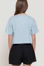 Short Sleeve Round Neck Print Knit Crop Top