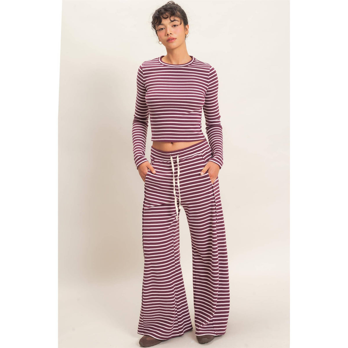 Striped Waffle Long Sleeve Top & Pants Set