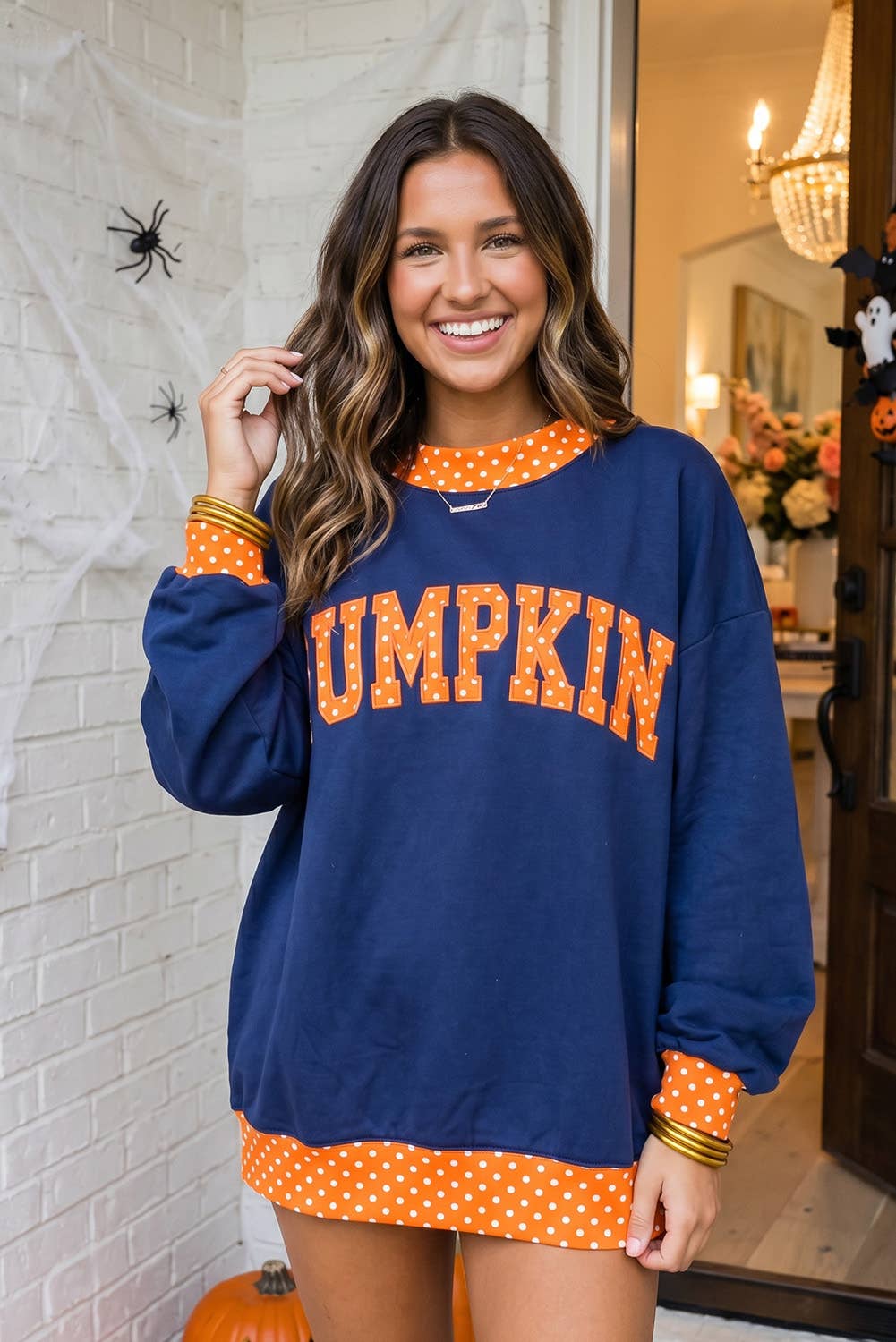 LAS-LIVE Polka Dot Letter Print Mock Neck Sweatshirt (S-XL)