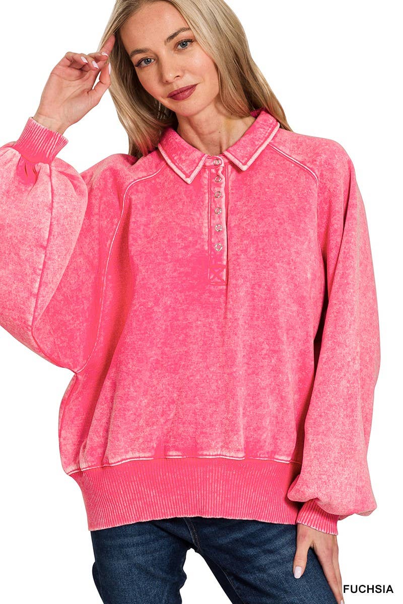 Acid Wash Fleece Button Up Collared Pullover