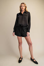 Collar Neck Long Sleeve Adjustable Drawstring Hem Shirt