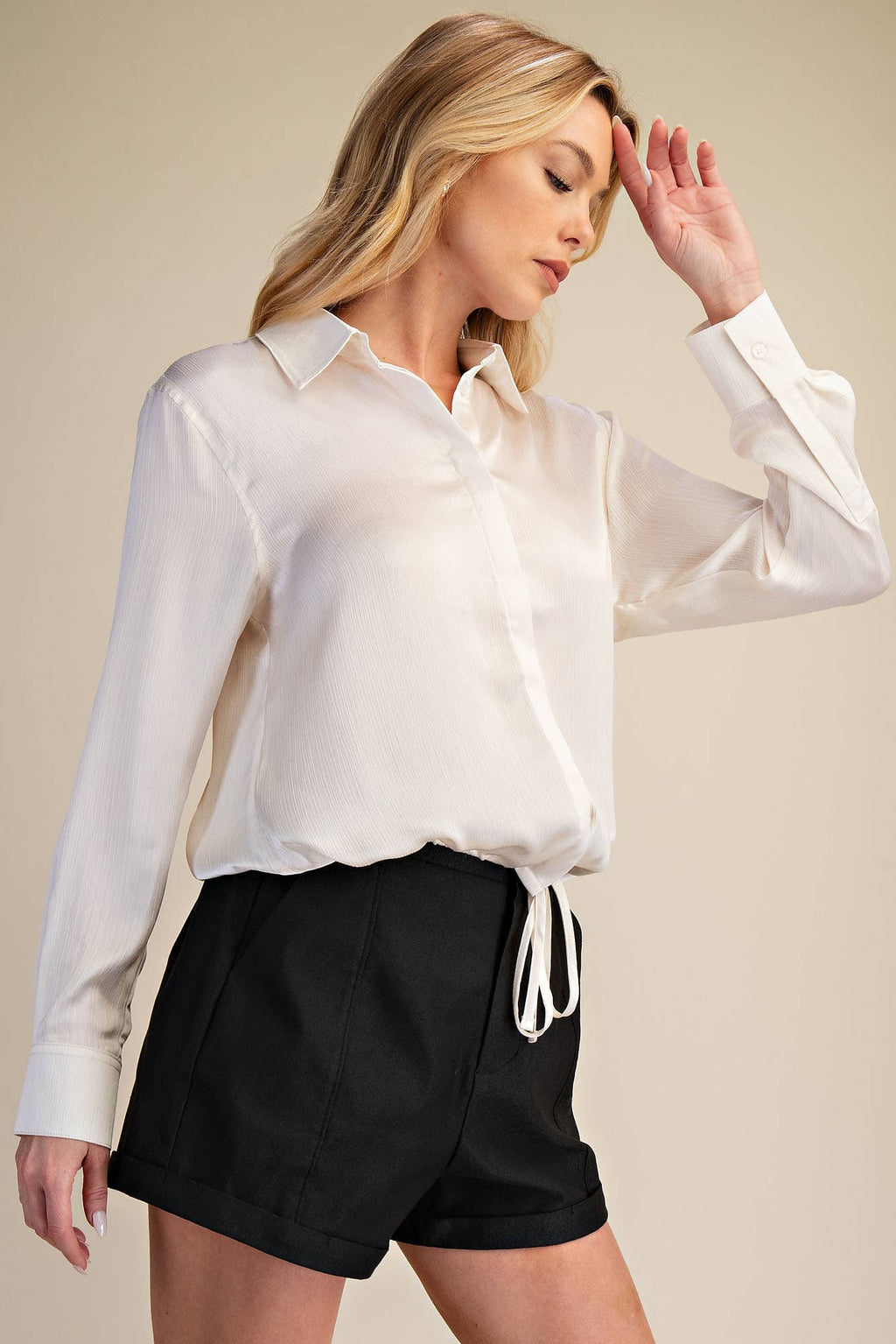 Collar Neck Long Sleeve Adjustable Drawstring Hem Shirt