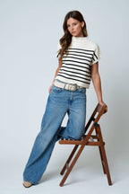 STRIPE MOCK NECK SHORT SLEEVE KNIT SWEATER