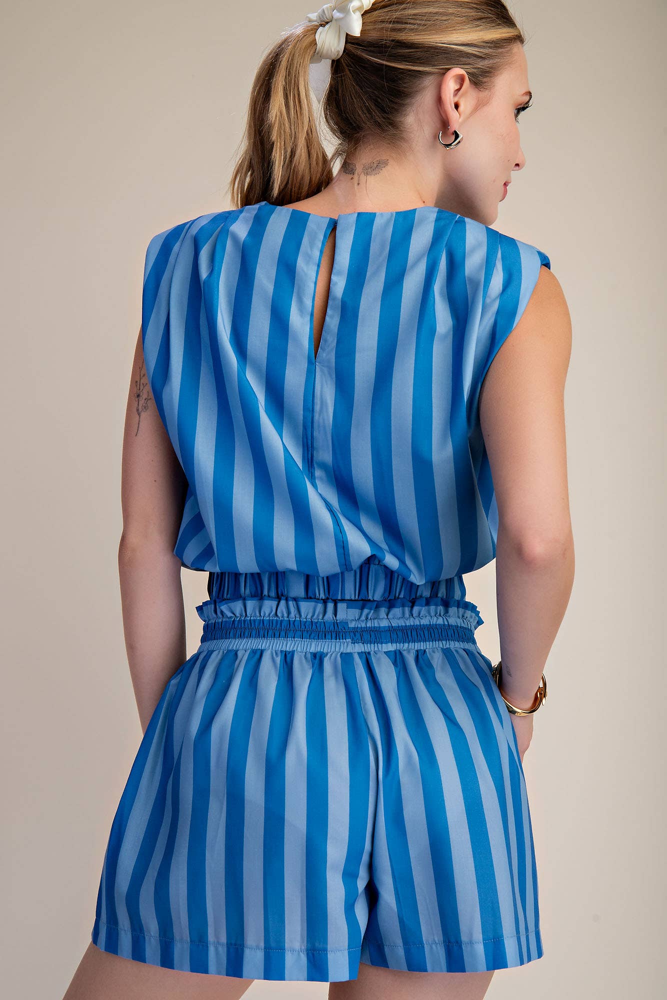 Stripe Top With Padded Shoulder and Elastic Waist