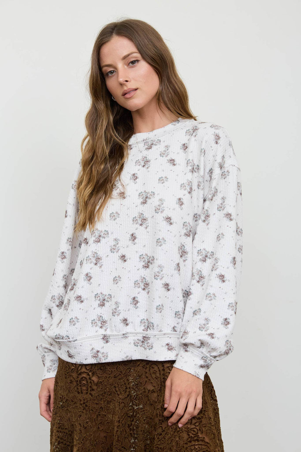 FLORAL DOT PRINT LONG SLEEVE TEXTURED KNIT TOP