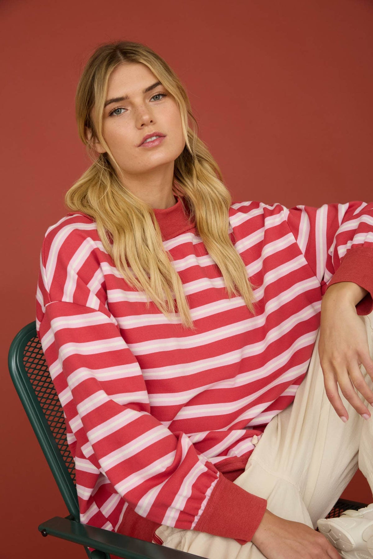 CONTRAST WIDE NECK LONG SLEEVE STRIPE KNIT TOP (PRE-ORDER)