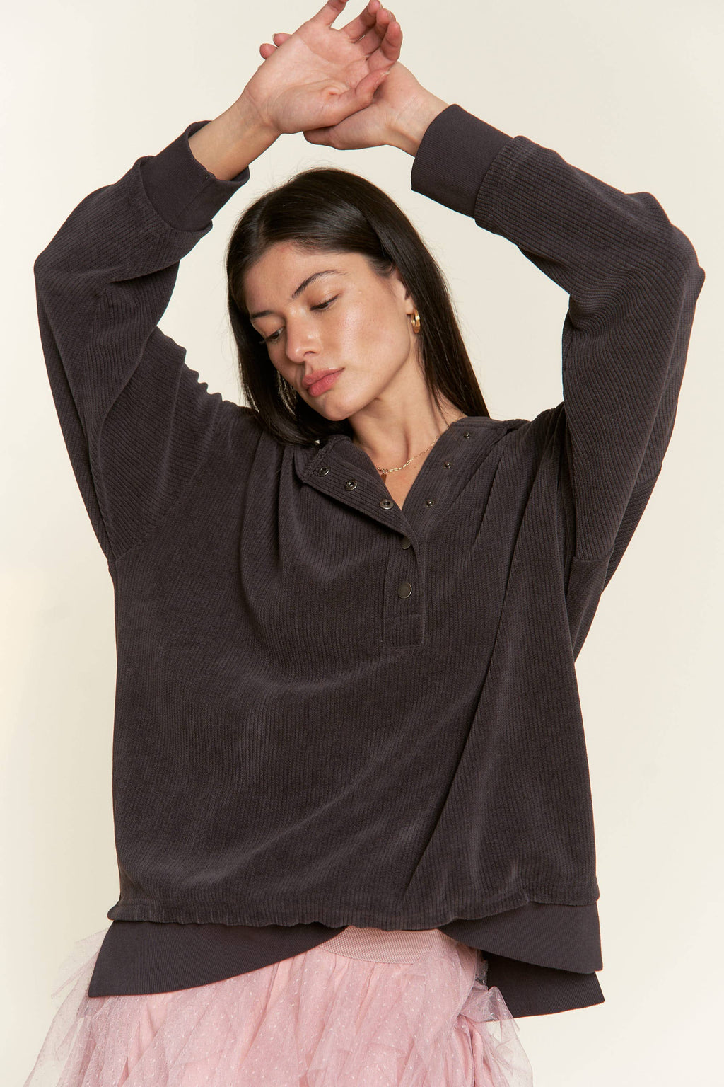 Long Sleeve Button Down Ribbed Hooded Sweatshirt JJT5070