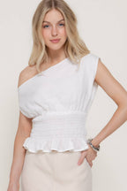 Asymmetrical Off The Shoulder Smocking Linen Effect Top