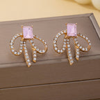 Emerald-Cut Pink Crystal Rhinestone Bow Earrings | 80E62598