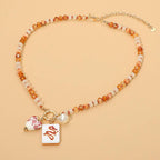 Mahjong Tile Charm Pearl Floral Bead Ball Charm Pendant Beaded Necklace