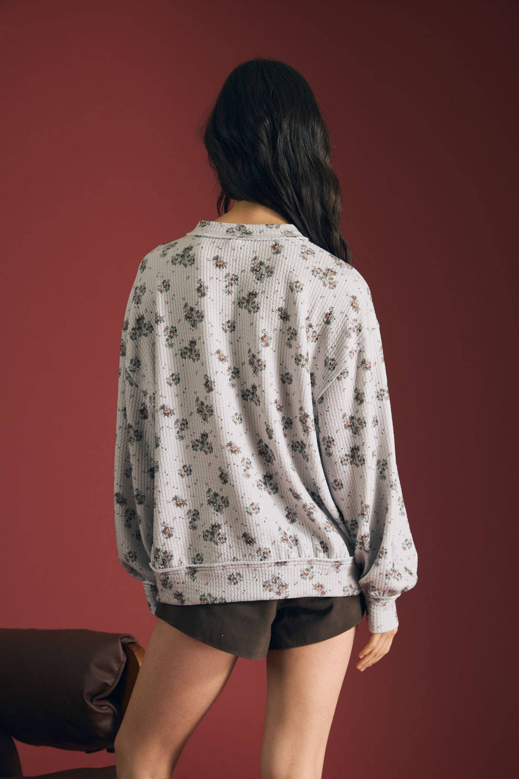 FLORAL DOT PRINT LONG SLEEVE TEXTURED KNIT TOP