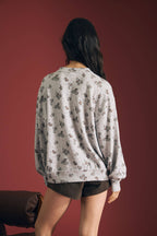 FLORAL DOT PRINT LONG SLEEVE TEXTURED KNIT TOP