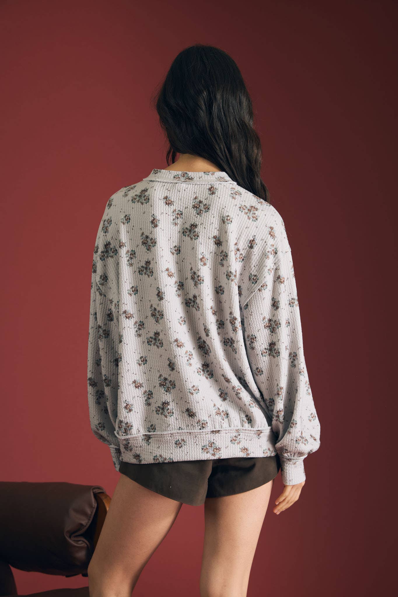 FLORAL DOT PRINT LONG SLEEVE TEXTURED KNIT TOP