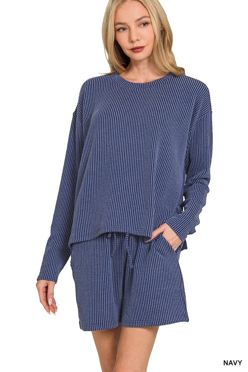 Raised Rib Long Sleeve Tee And Shorts Set