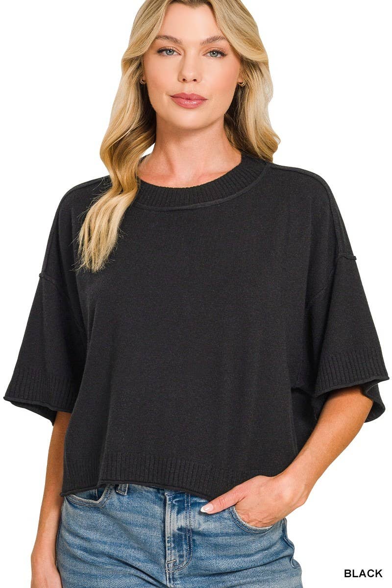 Viscose Mock Neck Short Sleeve Boxy Sweater