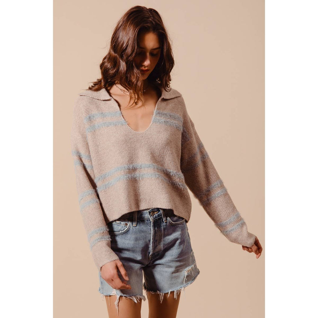 FUZZY HAIRY STRIPE DEEP U NECK SWEATER TOP