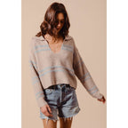 FUZZY HAIRY STRIPE DEEP U NECK SWEATER TOP