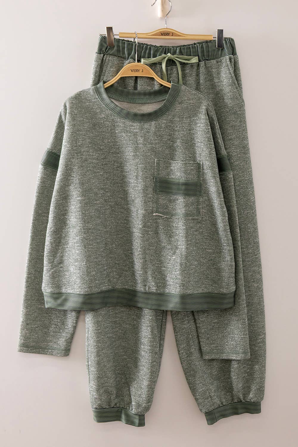 NT12845SET-Contrast Rib Trim Heathered Knit Lounge Set