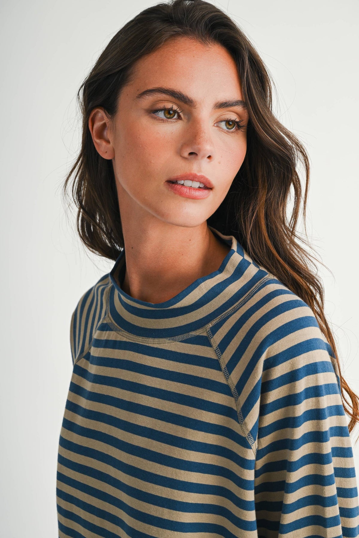 8645IN Mock Neck Yarn-Dyed Striped Oversized Long Sleeve Tee