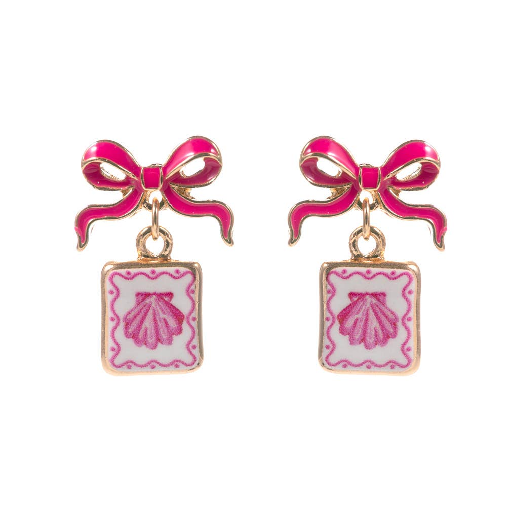 Bow Shell Print Square Frame Drop Earrings