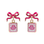 Bow Shell Print Square Frame Drop Earrings