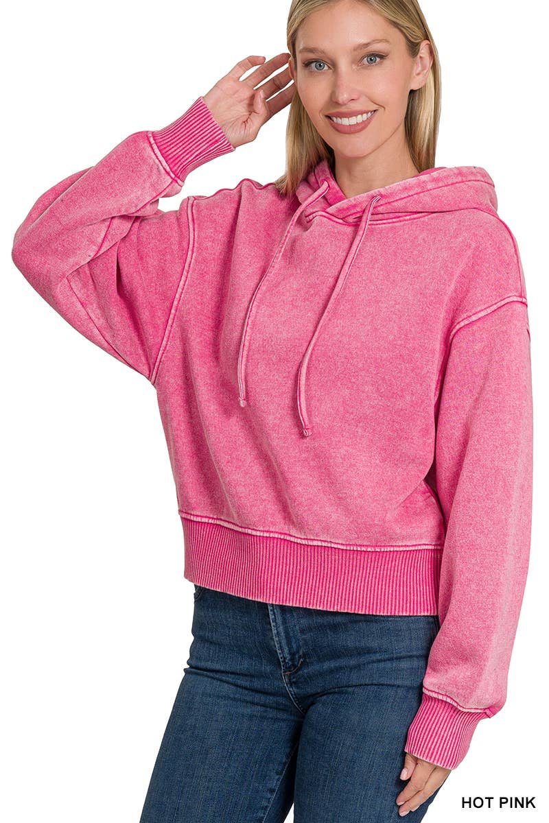 Acid Wash Fleece Cropped Hoodie