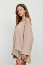 LAYERED HALTER LACE NECK OFF-SHOULDER KNIT TOP