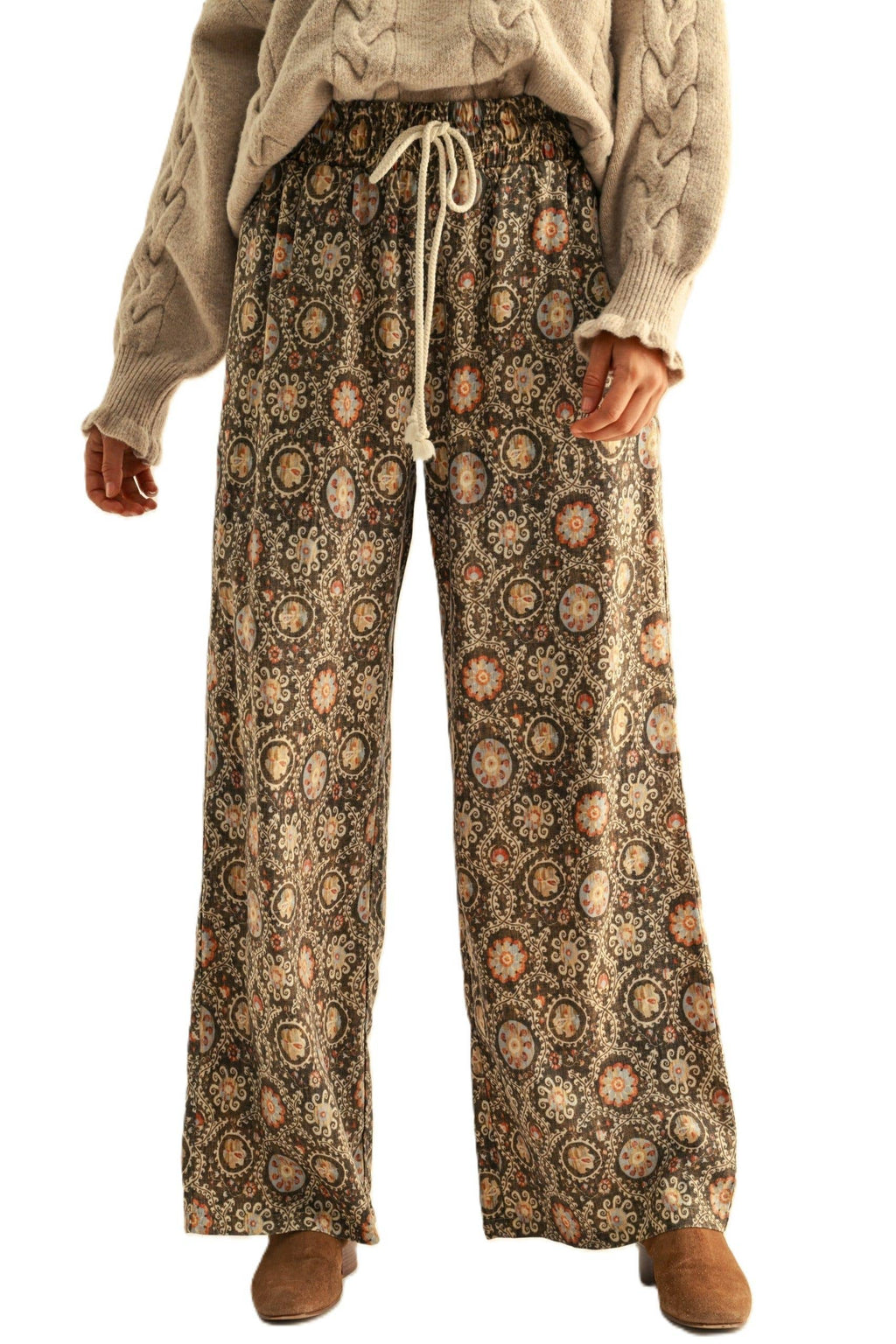 Vintage Print Linen Blend Drawstring Wide-leg Pants