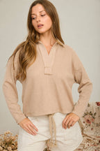 EXPOSED SEAM LONG SLEEVE TEXTURED KNIT POLO