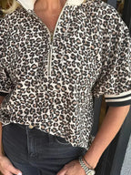 Leopard Knit Top Trendy Quarter Zip Puff Sleeve