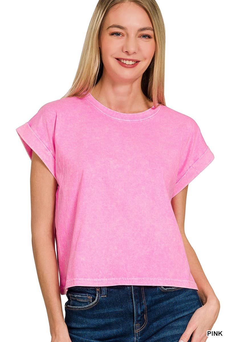 Halo Washed Cotton Cuffed Short Sleeve Top
