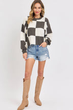 CASUAL SOFT COZY  RELAXED FIT CHECKER KNIT SWEATER