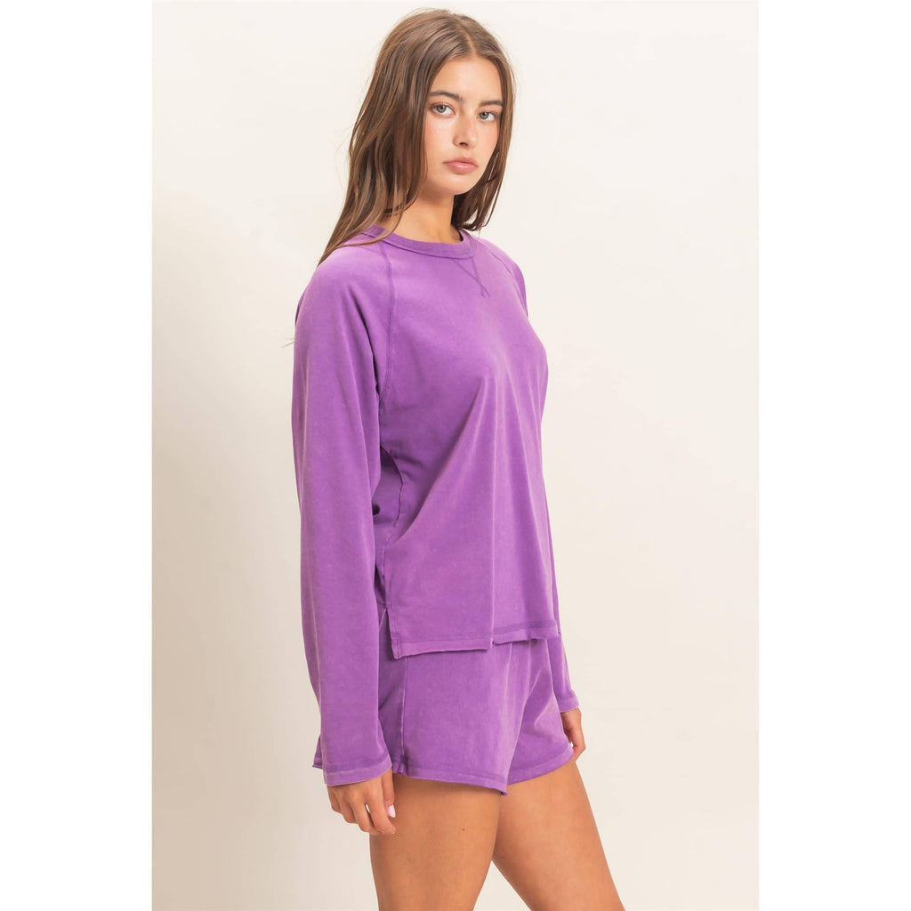 Mineral Wash Long Sleeve Raw Edge Top & Shorts Set