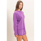 Mineral Wash Long Sleeve Raw Edge Top & Shorts Set