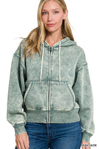 Acid Wash Fleece Cropped Zip-up Hoodie W Pockets