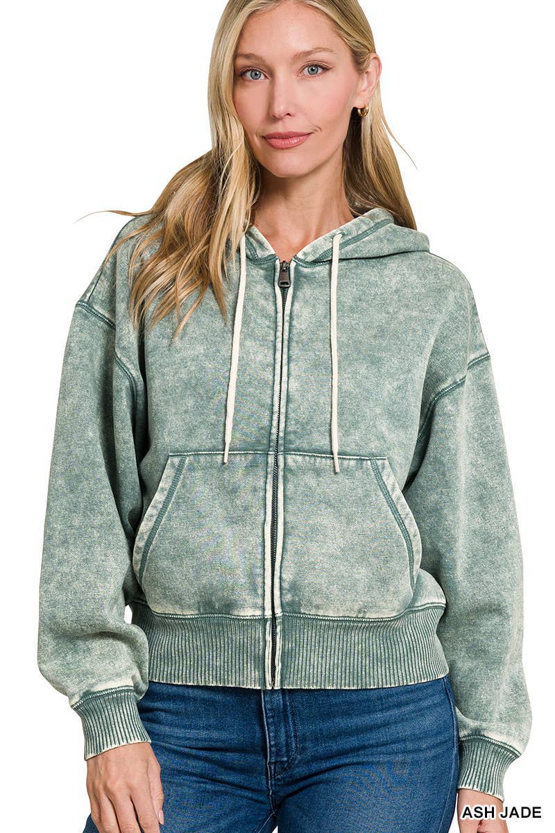 Acid Wash Fleece Cropped Zip-up Hoodie W Pockets