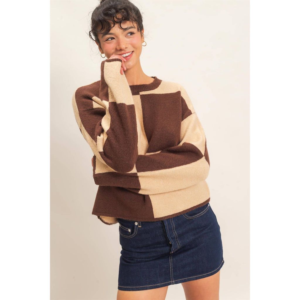 Crew Neck Checkered Sweater