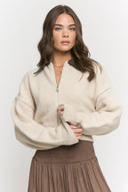 CONTRAST COLLAR ZIP-UP SWEATER